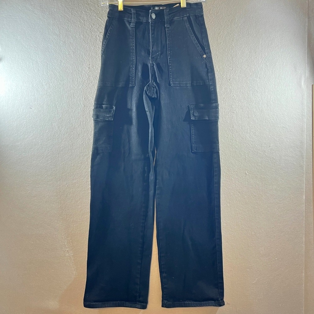 695 | Judy Blue Cargo Wide Leg Stretch Utility Denim Black Jeans Womens 1/25
